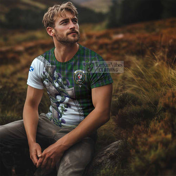 Cockburn Tartan T-Shirt with Family Crest and St. Andrew's Cross Accented by Thistle Vines