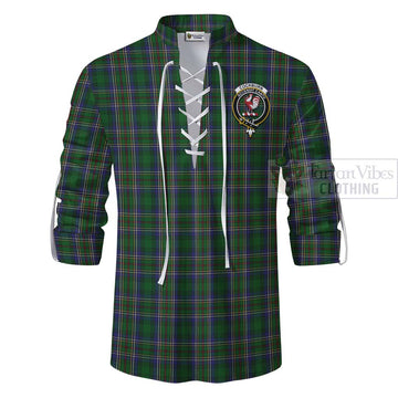 Cockburn Tartan Ghillie Kilt Shirt with Family Crest and Bearded Skull Holding Bottles of Whiskey