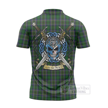 Cockburn Tartan Zipper Polo Shirt with Family Crest Celtic Skull Style