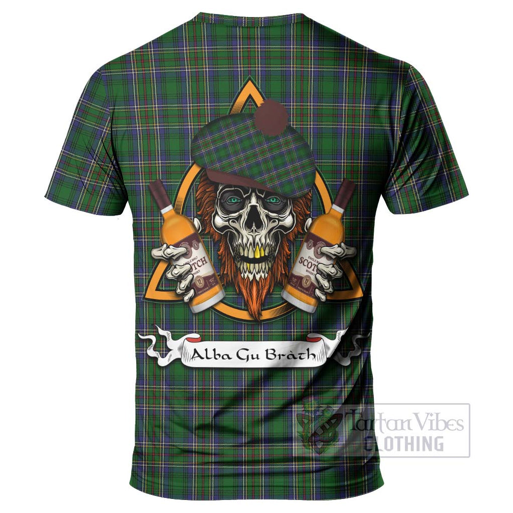 Tartan Vibes Clothing Cockburn Tartan T-Shirt with Family Crest and Bearded Skull Holding Bottles of Whiskey