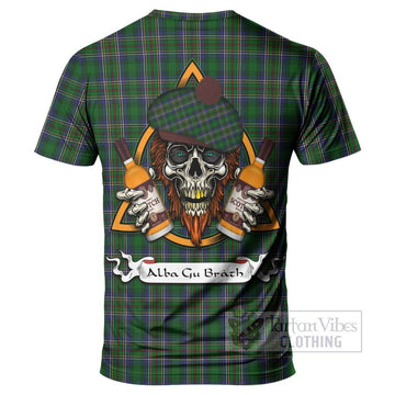 Cockburn Tartan T-Shirt with Family Crest and Bearded Skull Holding Bottles of Whiskey