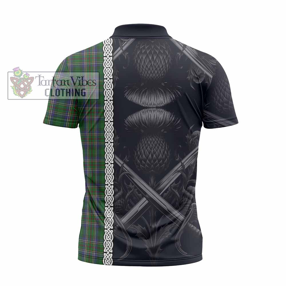 Tartan Vibes Clothing Cockburn Tartan Zipper Polo Shirt with Family Crest Cross Sword Thistle Celtic Vibes