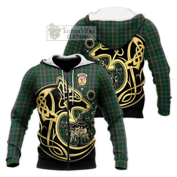 Cockburn Tartan Knitted Hoodie with Family Crest Celtic Wolf Style