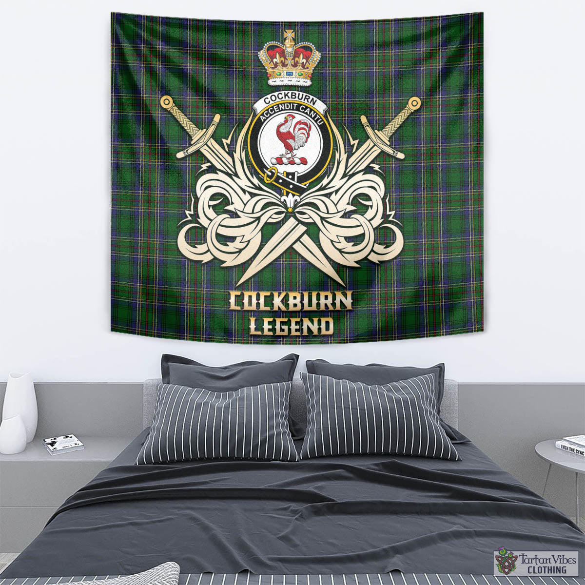 Tartan Vibes Clothing Cockburn Tartan Tapestry with Clan Crest and the Golden Sword of Courageous Legacy