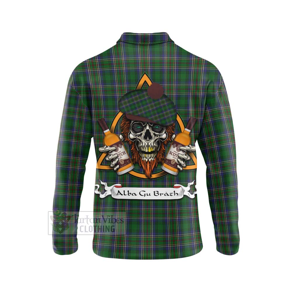 Tartan Vibes Clothing Cockburn Tartan Long Sleeve Polo Shirt with Family Crest and Bearded Skull Holding Bottles of Whiskey