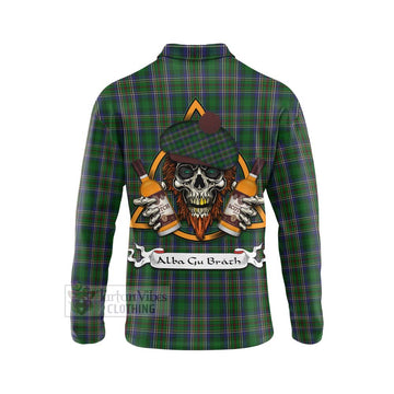 Cockburn Tartan Long Sleeve Polo Shirt with Family Crest and Bearded Skull Holding Bottles of Whiskey