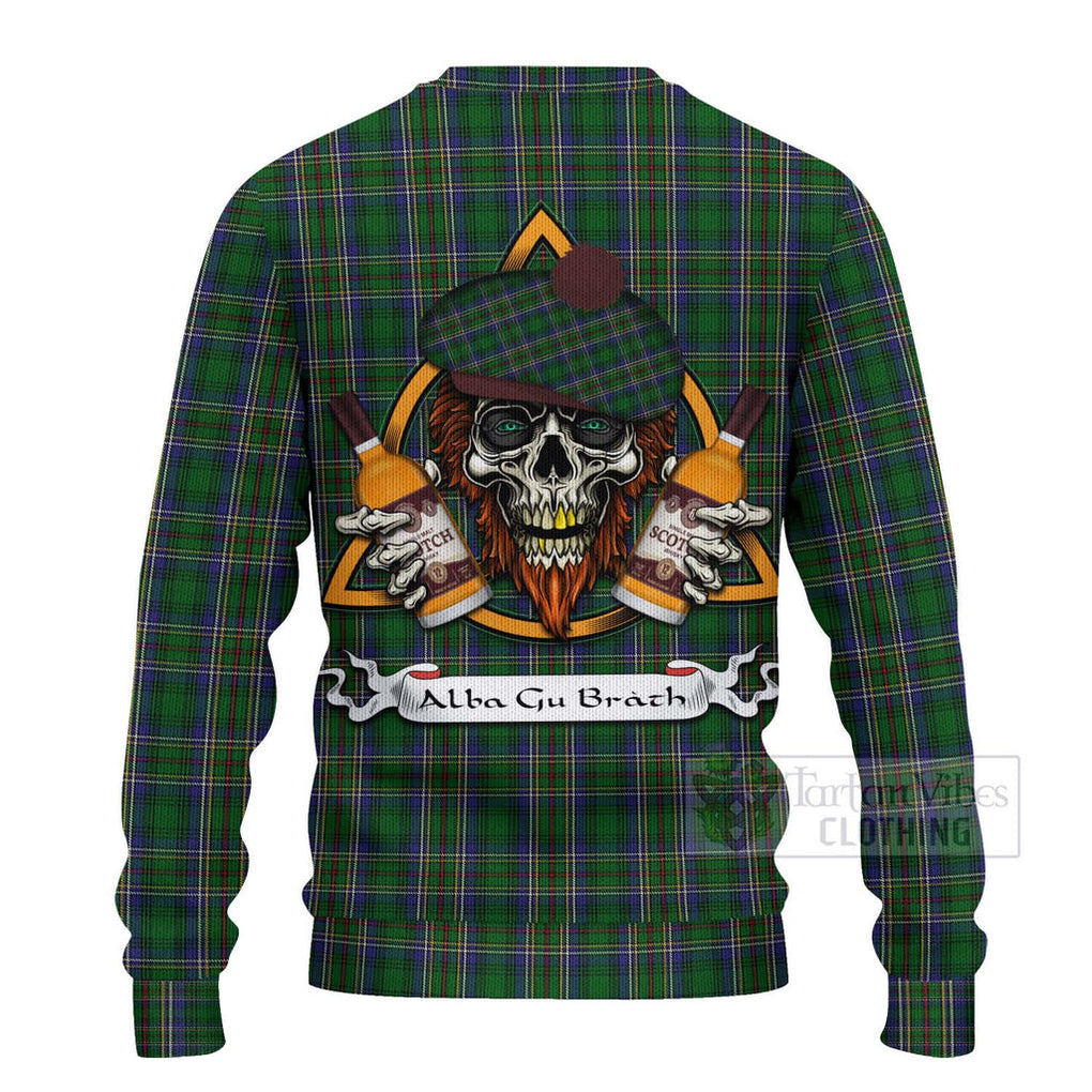 Tartan Vibes Clothing Cockburn Tartan Knitted Sweater with Family Crest and Bearded Skull Holding Bottles of Whiskey