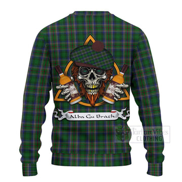 Cockburn Tartan Ugly Sweater with Family Crest and Bearded Skull Holding Bottles of Whiskey