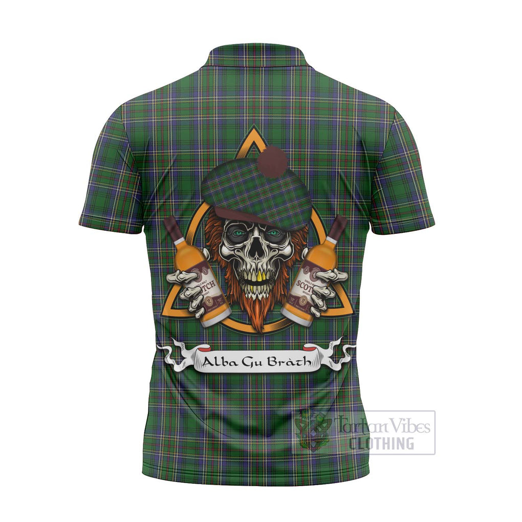 Tartan Vibes Clothing Cockburn Tartan Zipper Polo Shirt with Family Crest and Bearded Skull Holding Bottles of Whiskey