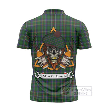 Cockburn Tartan Zipper Polo Shirt with Family Crest and Bearded Skull Holding Bottles of Whiskey