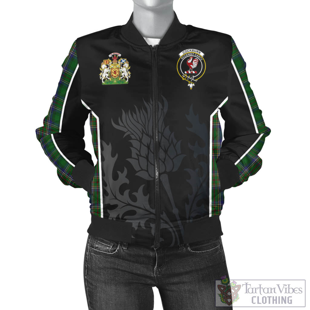 Tartan Vibes Clothing Cockburn Tartan Bomber Jacket with Family Crest and Scottish Thistle Vibes Sport Style