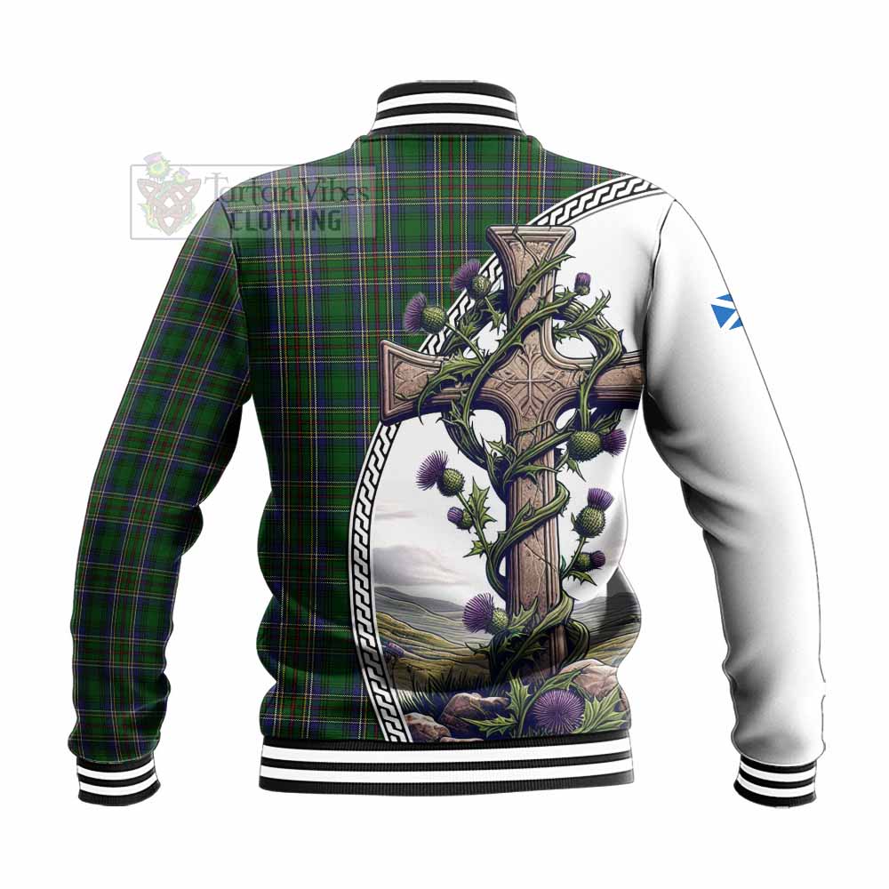 Tartan Vibes Clothing Cockburn Tartan Baseball Jacket with Family Crest and St. Andrew's Cross Accented by Thistle Vines