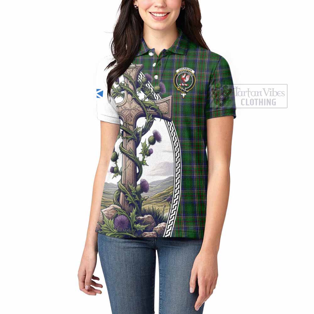 Tartan Vibes Clothing Cockburn Tartan Women's Polo Shirt with Family Crest and St. Andrew's Cross Accented by Thistle Vines