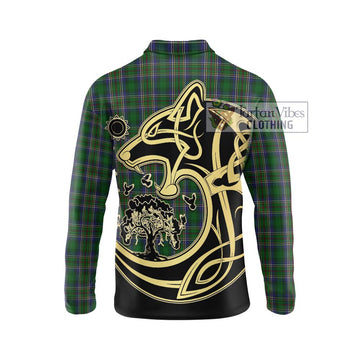 Cockburn Tartan Long Sleeve Polo Shirt with Family Crest Celtic Wolf Style