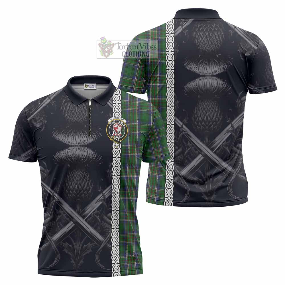 Tartan Vibes Clothing Cockburn Tartan Zipper Polo Shirt with Family Crest Cross Sword Thistle Celtic Vibes