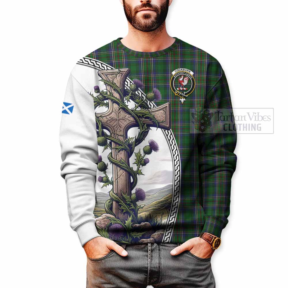 Tartan Vibes Clothing Cockburn Tartan Sweatshirt with Family Crest and St. Andrew's Cross Accented by Thistle Vines