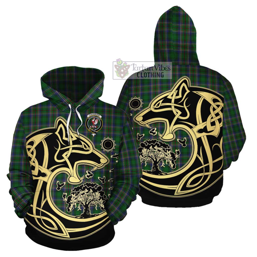 Tartan Vibes Clothing Cockburn Tartan Cotton Hoodie with Family Crest Celtic Wolf Style