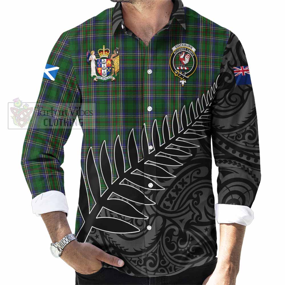 Tartan Vibes Clothing Cockburn Crest Tartan Long Sleeve Button Shirt with New Zealand Silver Fern Half Style