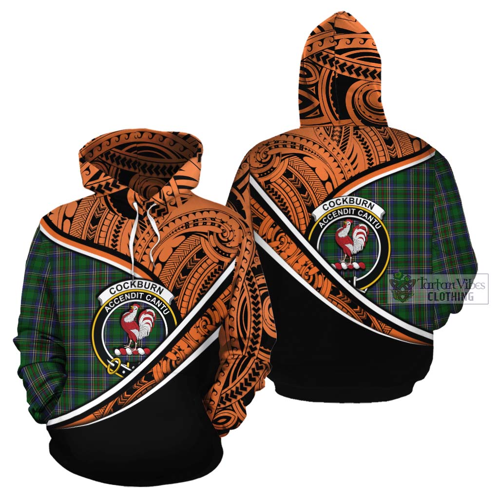 Tartan Vibes Clothing Cockburn Crest Tartan Cotton Hoodie with Maori Tattoo Style - Orange Version