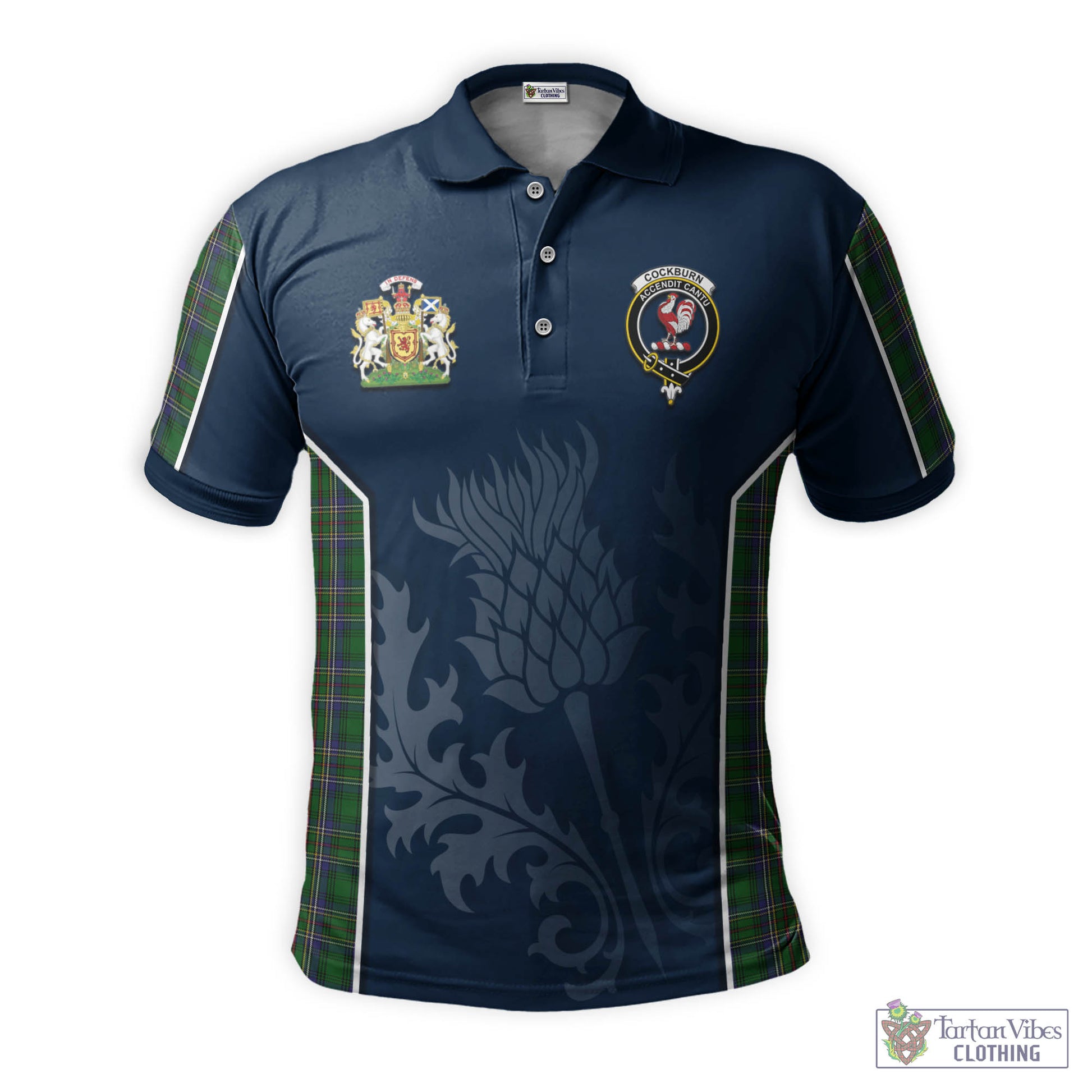 Tartan Vibes Clothing Cockburn Tartan Men's Polo Shirt with Family Crest and Scottish Thistle Vibes Sport Style