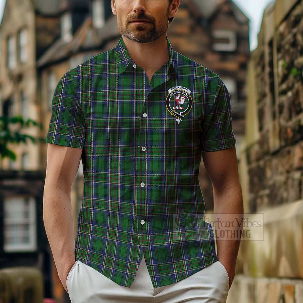 Tartan Vibes Clothing Cockburn Tartan Short Sleeve Button Shirt with Family Crest Celtic Skull Style