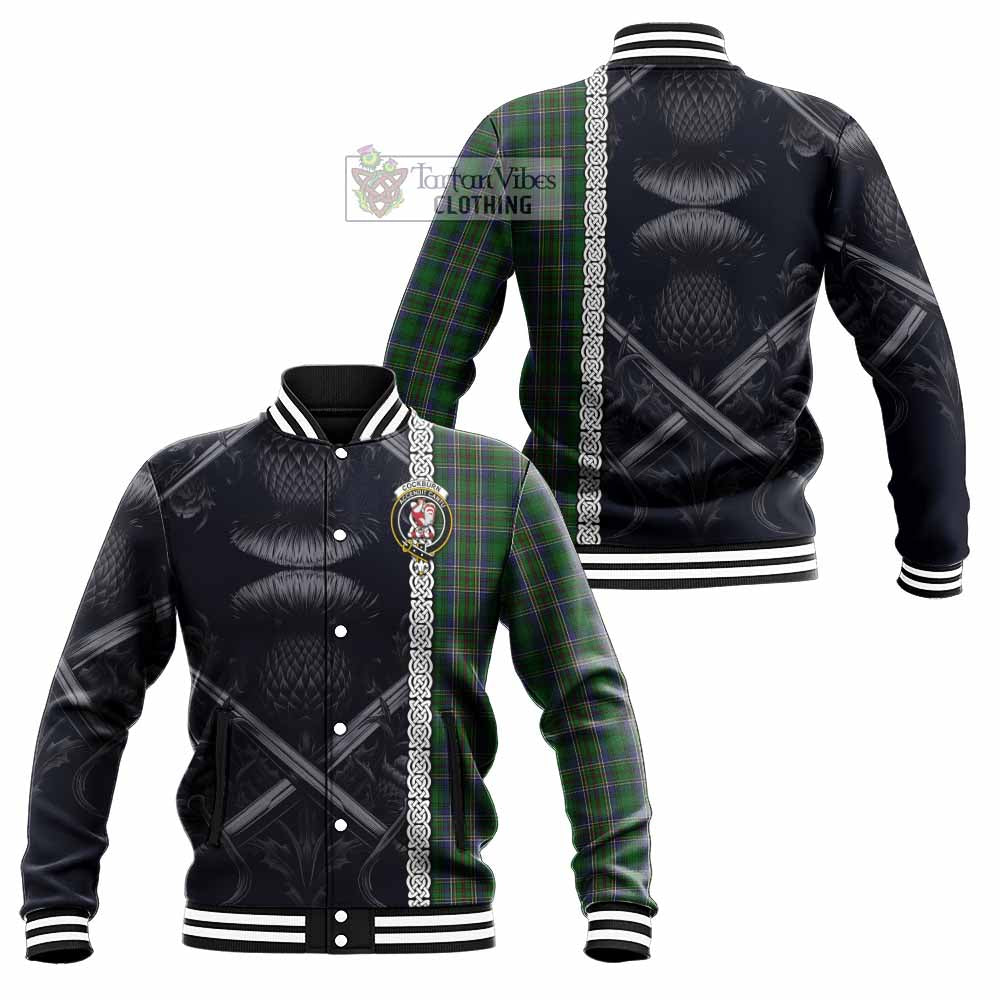 Tartan Vibes Clothing Cockburn Tartan Baseball Jacket with Family Crest Cross Sword Thistle Celtic Vibes