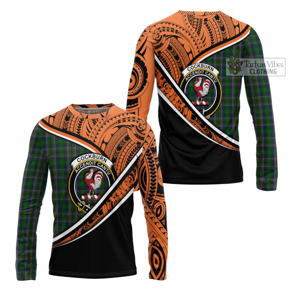 Tartan Vibes Clothing Cockburn Crest Tartan Long Sleeve T-Shirt with Maori Tattoo Style - Orange Version