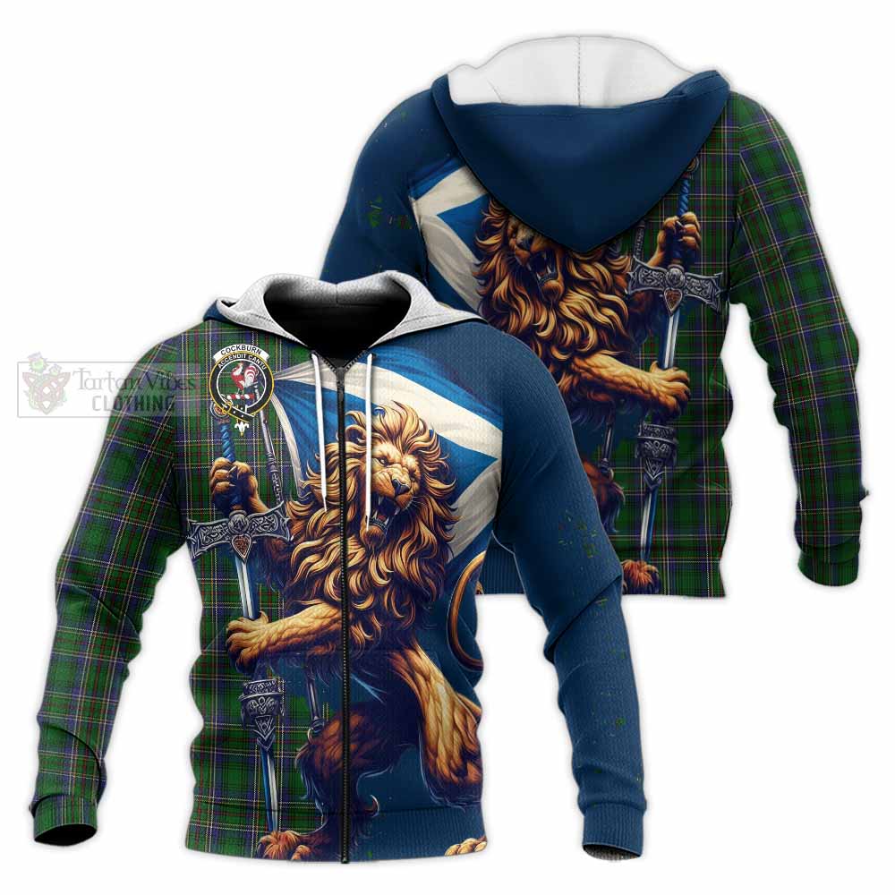 Tartan Vibes Clothing Cockburn Tartan Family Crest Knitted Hoodie with Scottish Majestic Lion