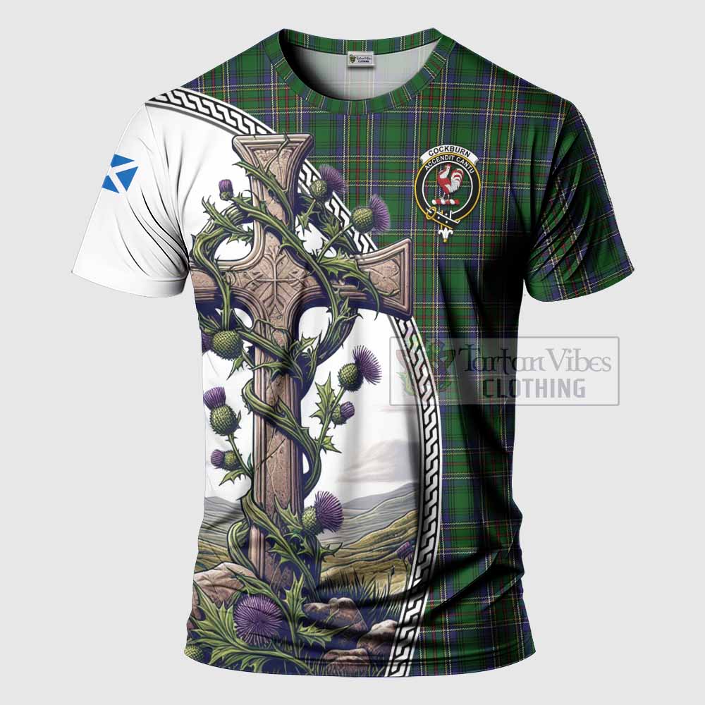 Tartan Vibes Clothing Cockburn Agnew Tartan T-Shirt with Family Crest and St. Andrew's Cross Accented by Thistle Vines