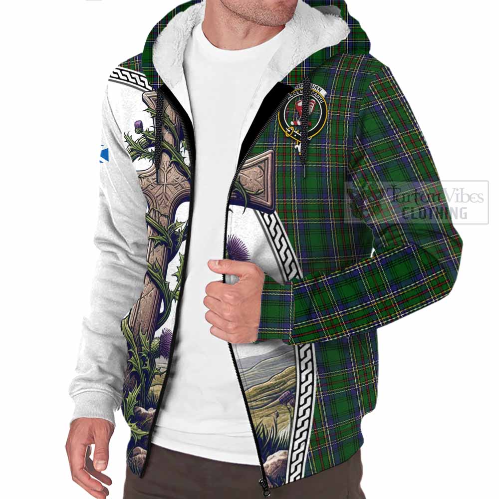 Tartan Vibes Clothing Cockburn Tartan Sherpa Hoodie with Family Crest and St. Andrew's Cross Accented by Thistle Vines