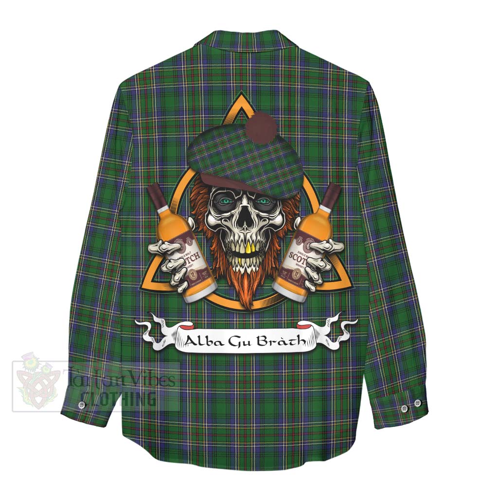 Tartan Vibes Clothing Cockburn Tartan Women's Casual Shirt with Family Crest and Bearded Skull Holding Bottles of Whiskey