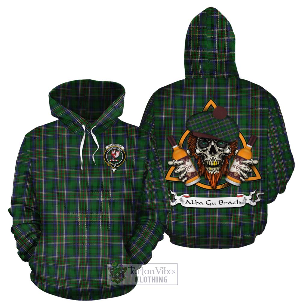 Tartan Vibes Clothing Cockburn Tartan Cotton Hoodie with Family Crest and Bearded Skull Holding Bottles of Whiskey