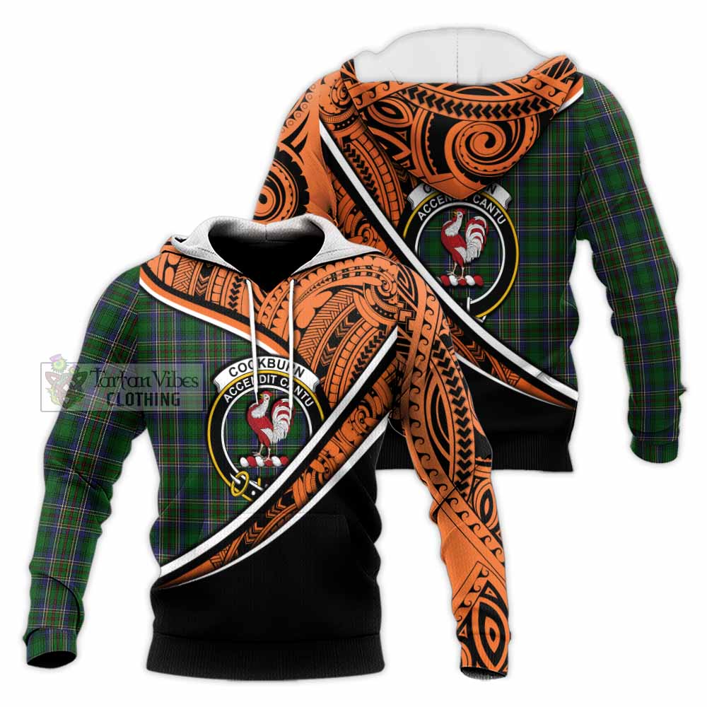 Tartan Vibes Clothing Cockburn Crest Tartan Knitted Hoodie with Maori Tattoo Style - Orange Version