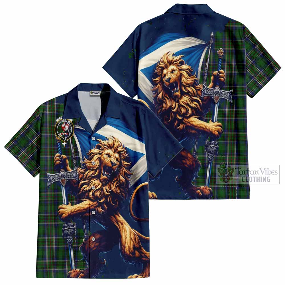 Tartan Vibes Clothing Cockburn Tartan Family Crest Short Sleeve Button Shirt with Scottish Majestic Lion