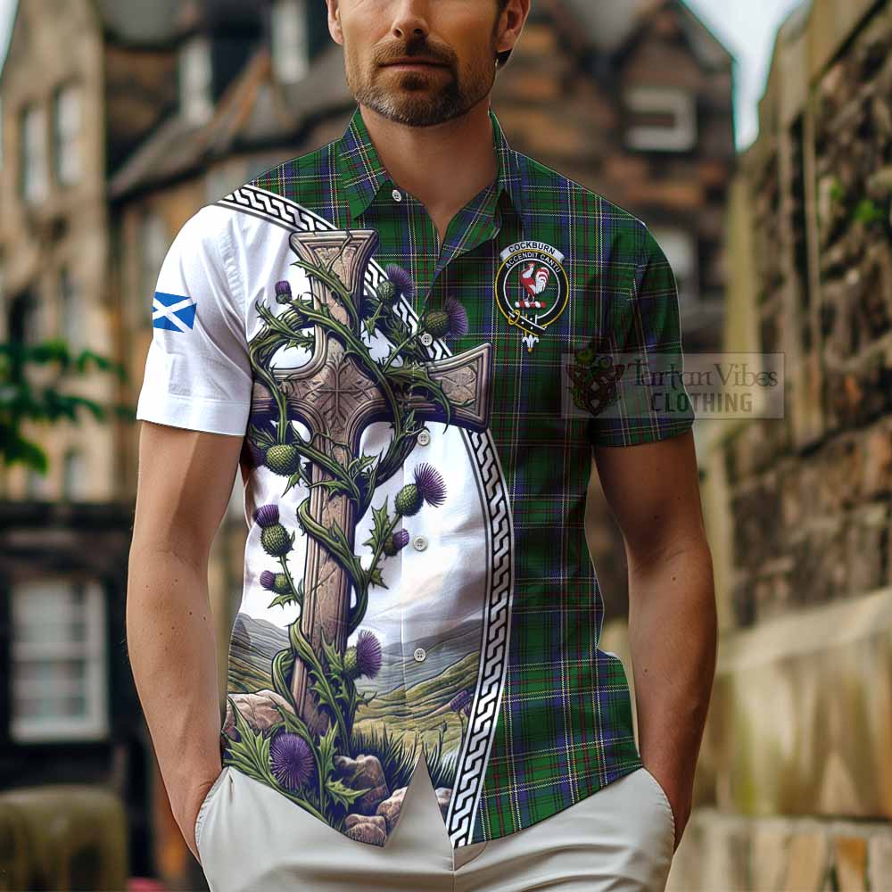 Tartan Vibes Clothing Cockburn Tartan Short Sleeve Button Shirt with Family Crest and St. Andrew's Cross Accented by Thistle Vines