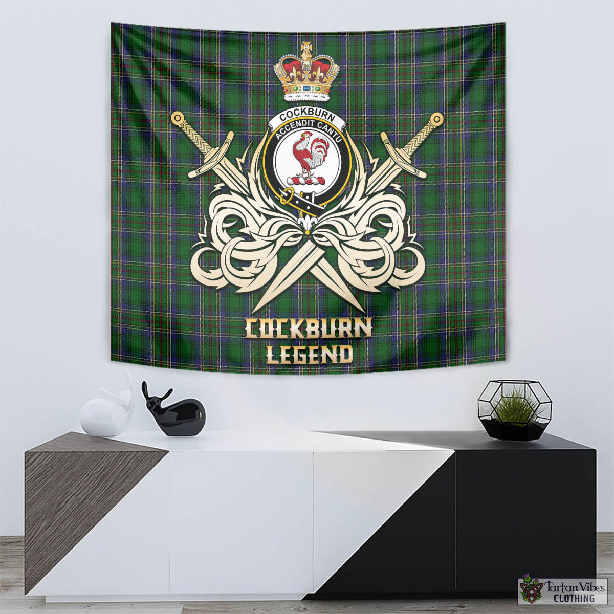 Tartan Vibes Clothing Cockburn Tartan Tapestry with Clan Crest and the Golden Sword of Courageous Legacy