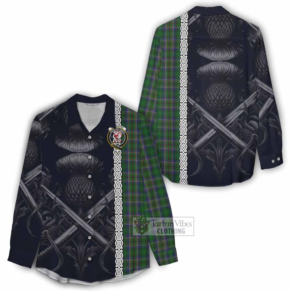 Tartan Vibes Clothing Cockburn Tartan Women's Casual Shirt with Family Crest Cross Sword Thistle Celtic Vibes