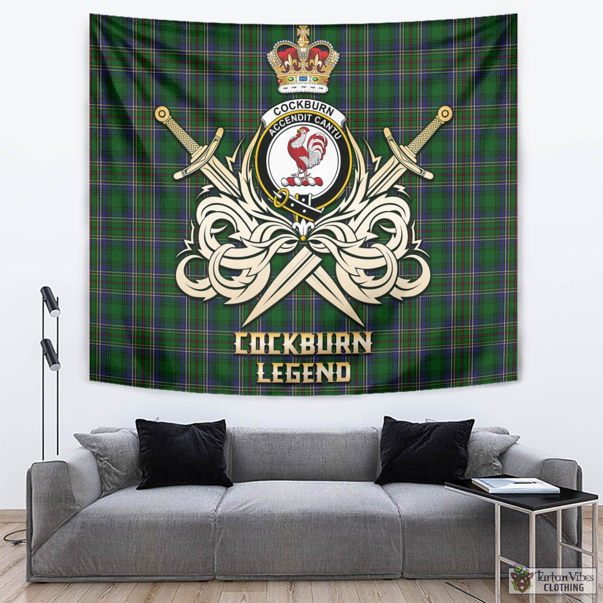 Tartan Vibes Clothing Cockburn Tartan Tapestry with Clan Crest and the Golden Sword of Courageous Legacy