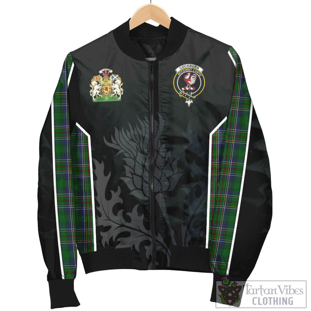 Tartan Vibes Clothing Cockburn Tartan Bomber Jacket with Family Crest and Scottish Thistle Vibes Sport Style