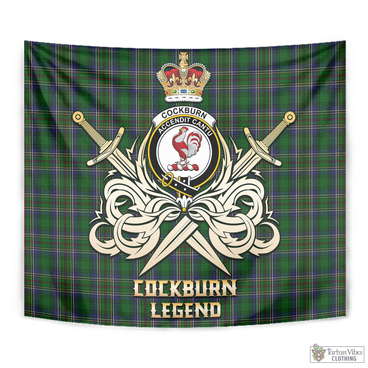 Tartan Vibes Clothing Cockburn Tartan Tapestry with Clan Crest and the Golden Sword of Courageous Legacy