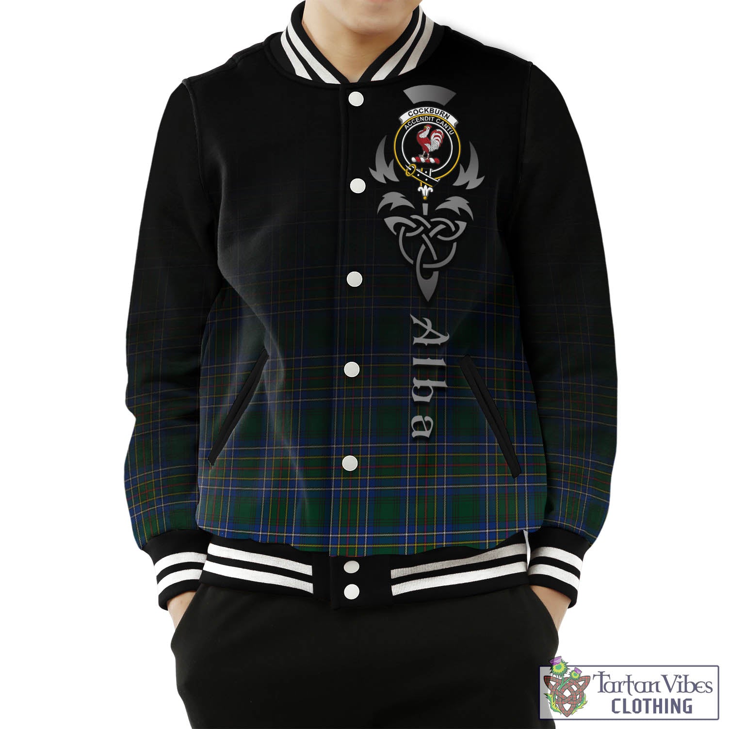 Tartan Vibes Clothing Cockburn Ancient Tartan Baseball Jacket Featuring Alba Gu Brath Family Crest Celtic Inspired