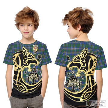 Cockburn Ancient Tartan Kid T-Shirt with Family Crest Celtic Wolf Style