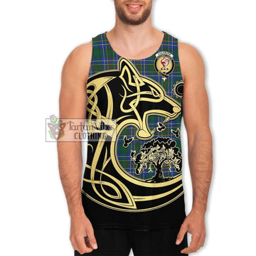 Cockburn Ancient Tartan Men's Tank Top with Family Crest Celtic Wolf Style