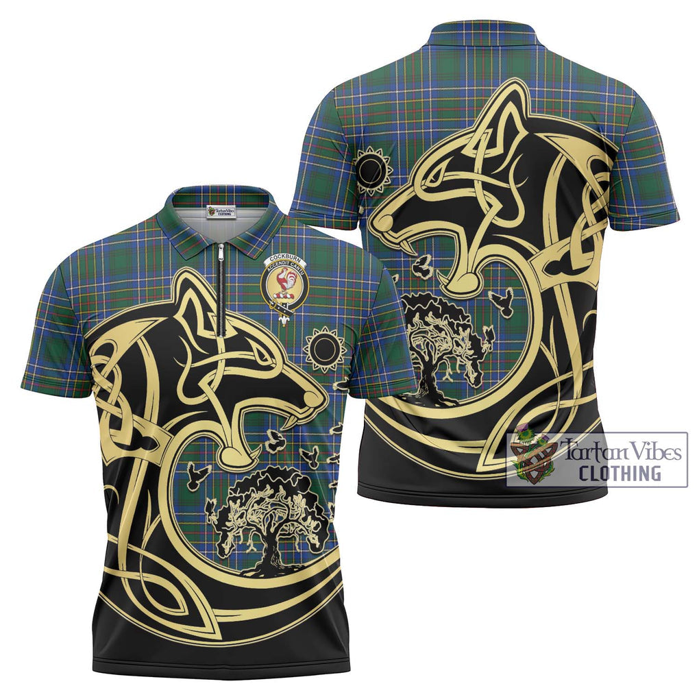 Cockburn Ancient Tartan Zipper Polo Shirt with Family Crest Celtic Wolf Style Unisex - Tartanvibesclothing Shop