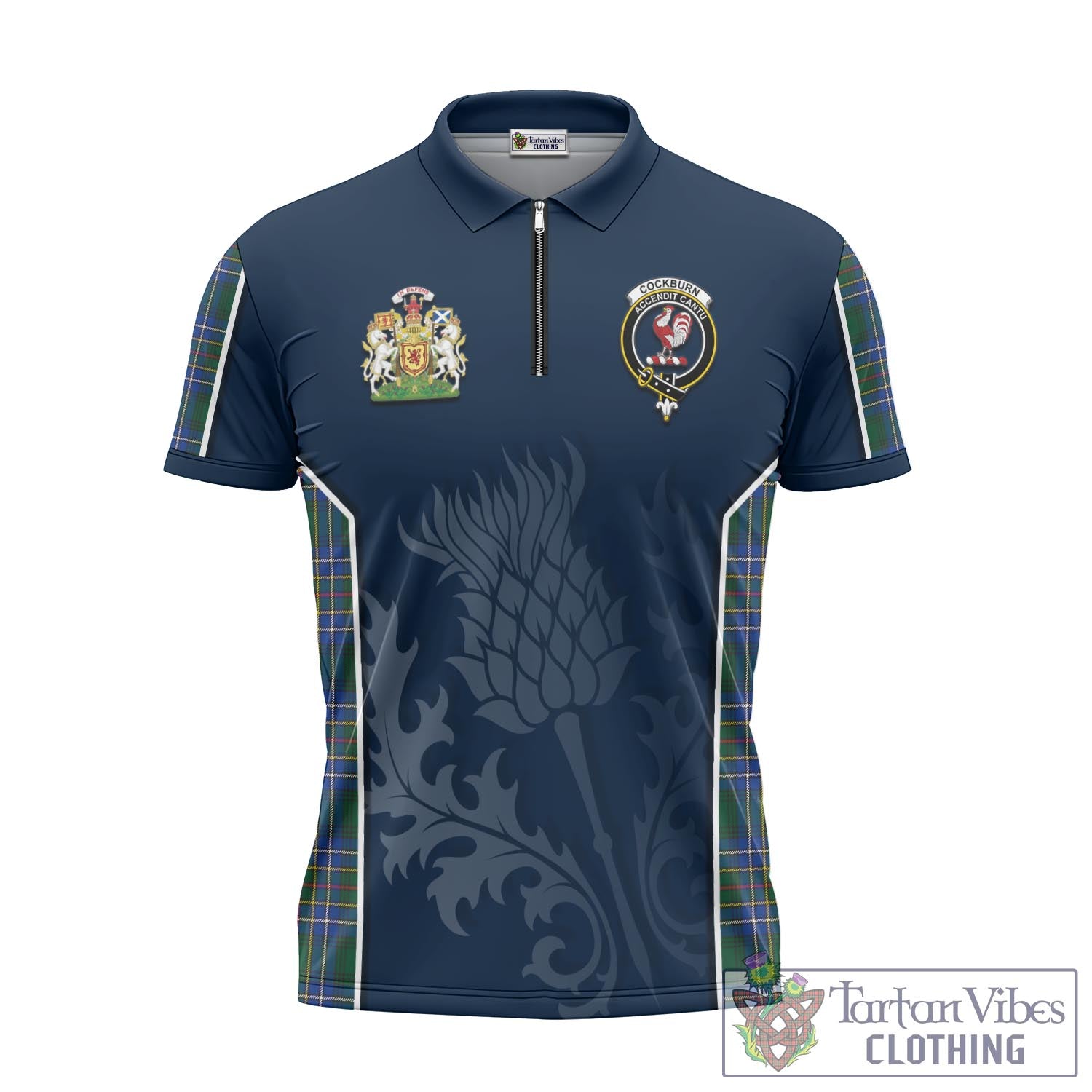 Tartan Vibes Clothing Cockburn Ancient Tartan Zipper Polo Shirt with Family Crest and Scottish Thistle Vibes Sport Style