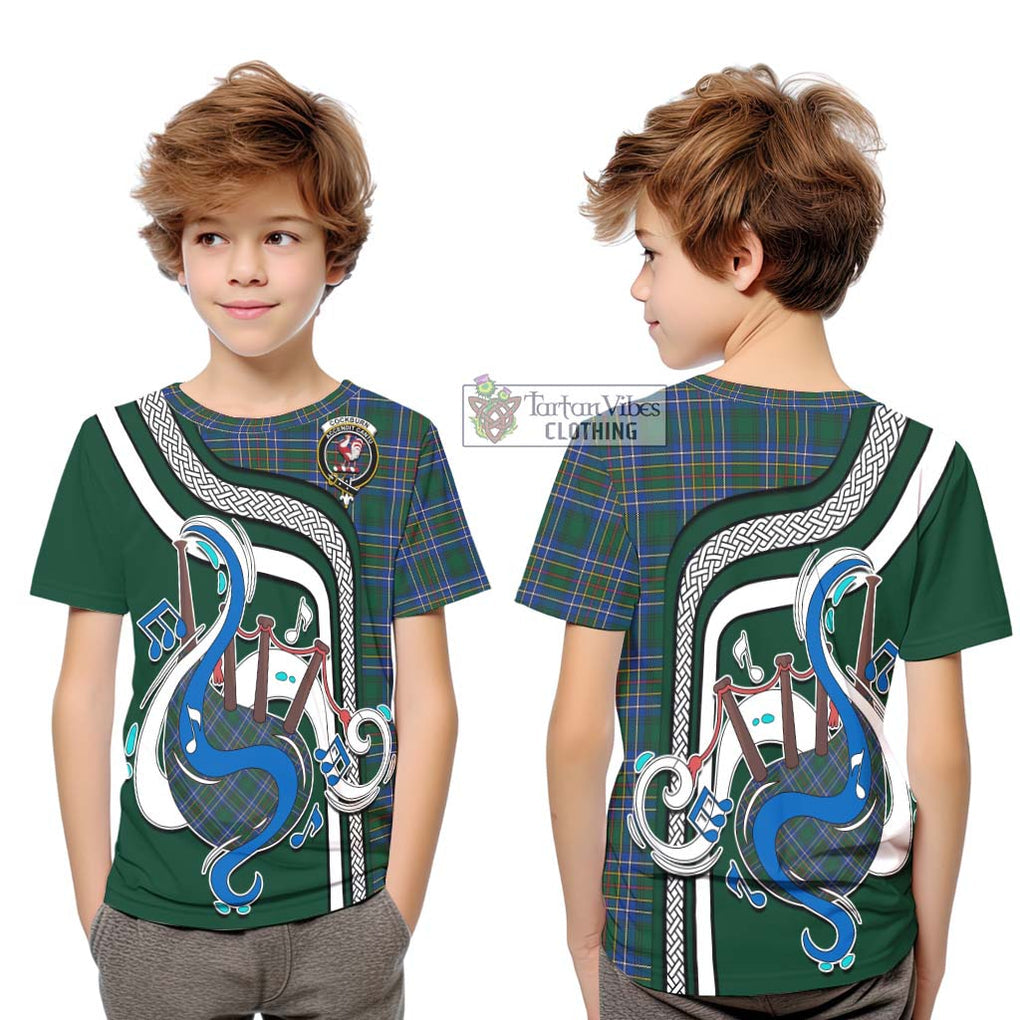 Tartan Vibes Clothing Cockburn Ancient Tartan Kid T-Shirt with Epic Bagpipe Style