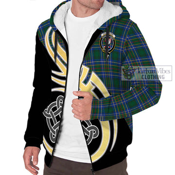 Cockburn Ancient Tartan Sherpa Hoodie with Family Crest and Celtic Symbol Style