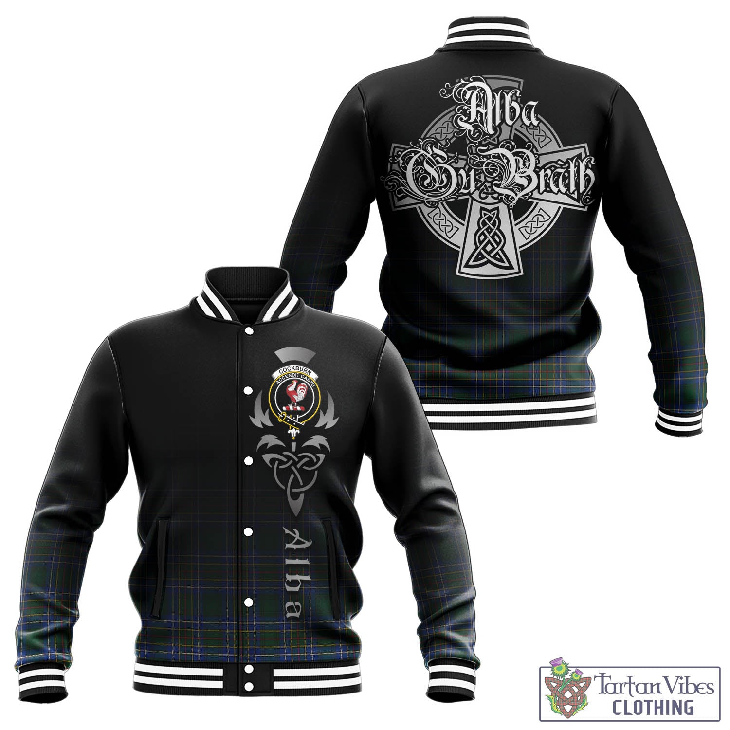 Tartan Vibes Clothing Cockburn Ancient Tartan Baseball Jacket Featuring Alba Gu Brath Family Crest Celtic Inspired