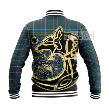 Cockburn Ancient Tartan Baseball Jacket with Family Crest Celtic Wolf Style