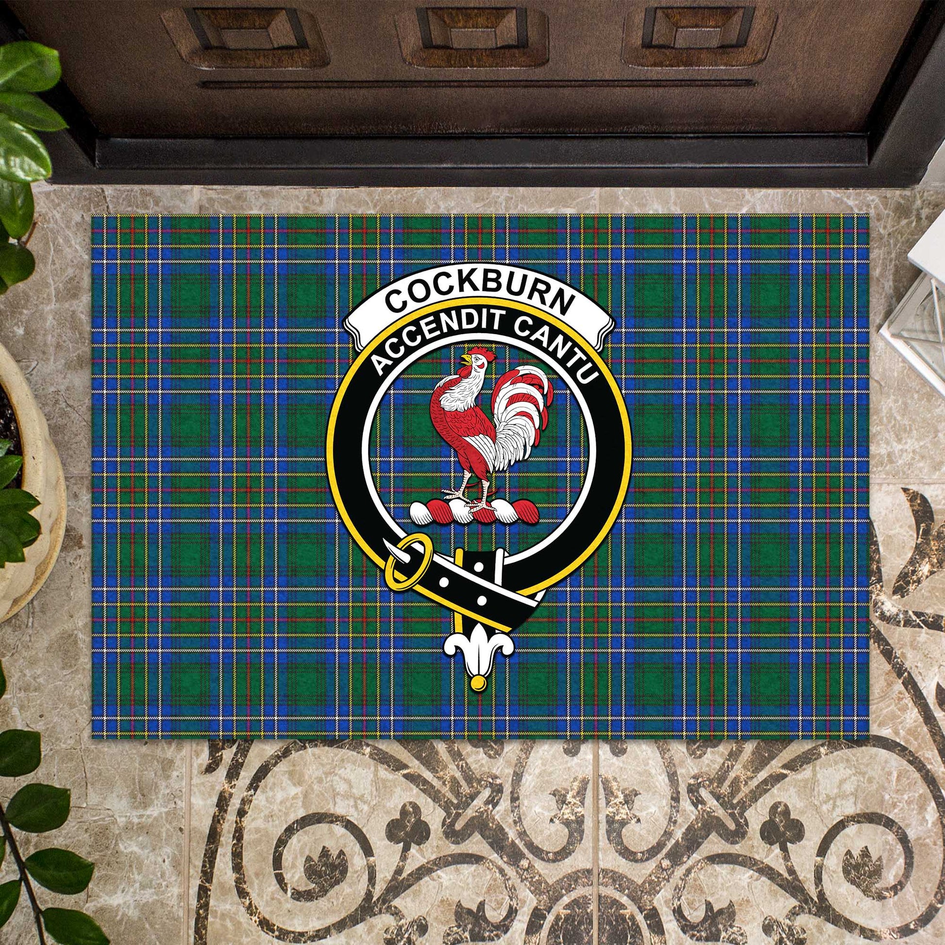 Cockburn Ancient Tartan Door Mat with Family Crest - Tartanvibesclothing